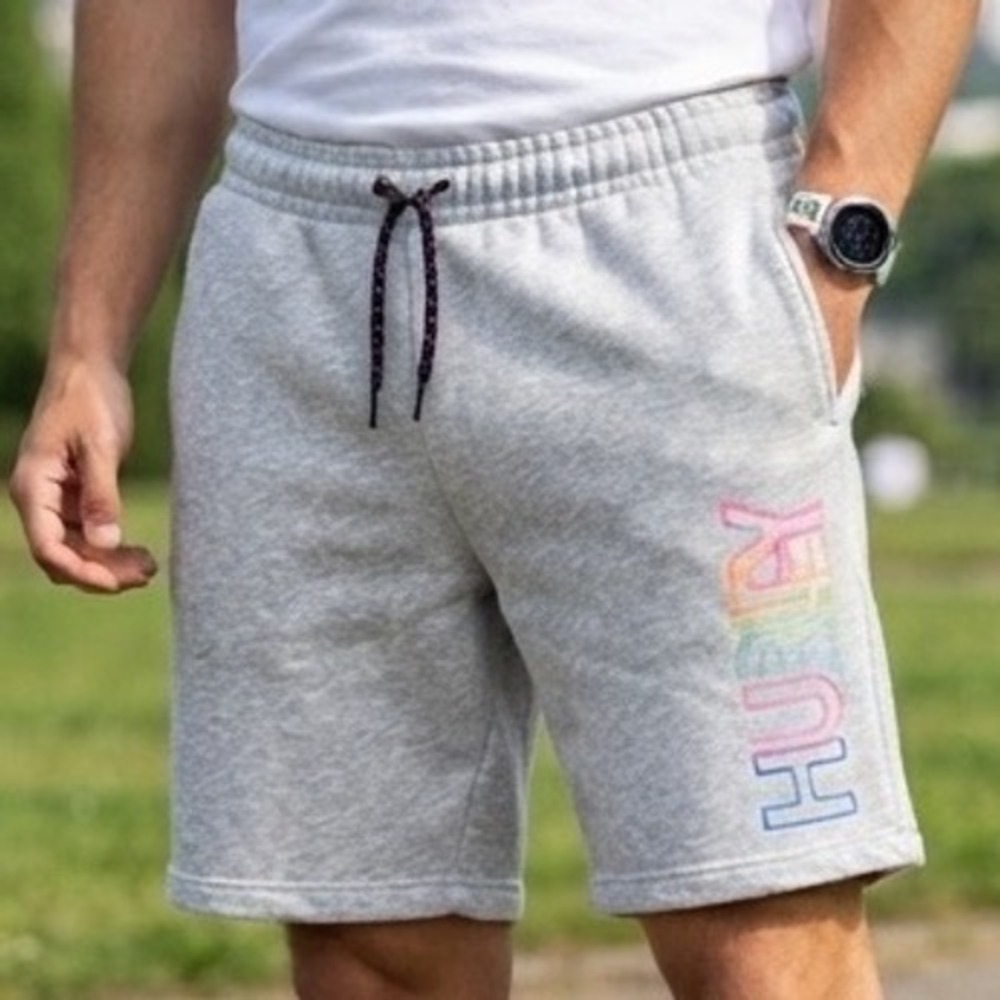 Hurley Mens Heather Gray Fleece Sweat Shorts Rainbow Logo Large